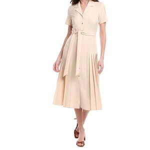 NWT Nanette Lepore Midi Button Tie Waist Collared Dress Women's Sand Size 12